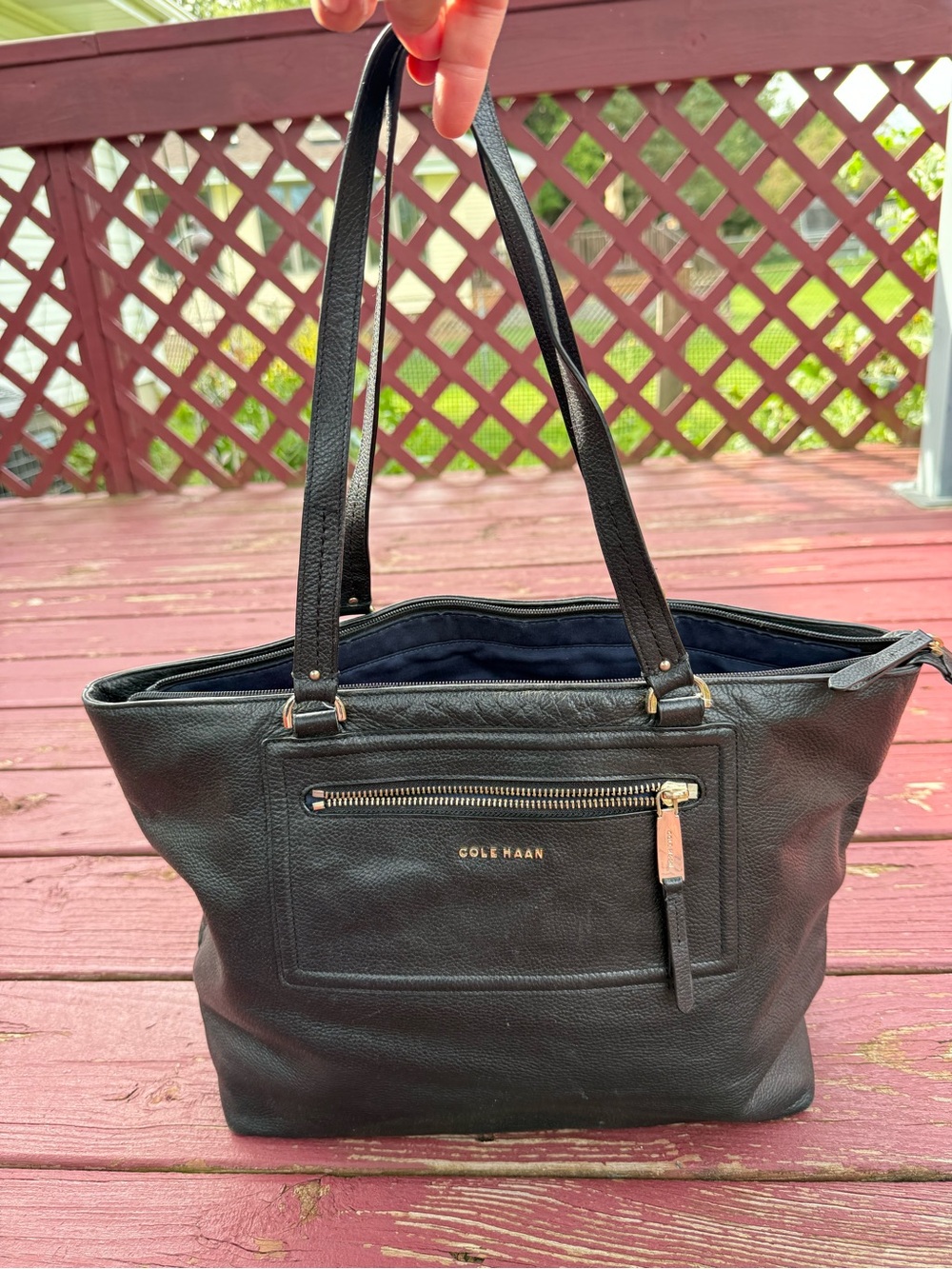 Cole Haan Black Pebbled Leather Tote with Front Zip Pocket